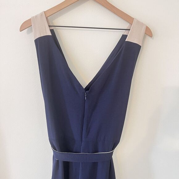 DKNY Colorblocked Belted Faux-Wrap Dress Navy Beige Size 16 - Picture 8 of 10